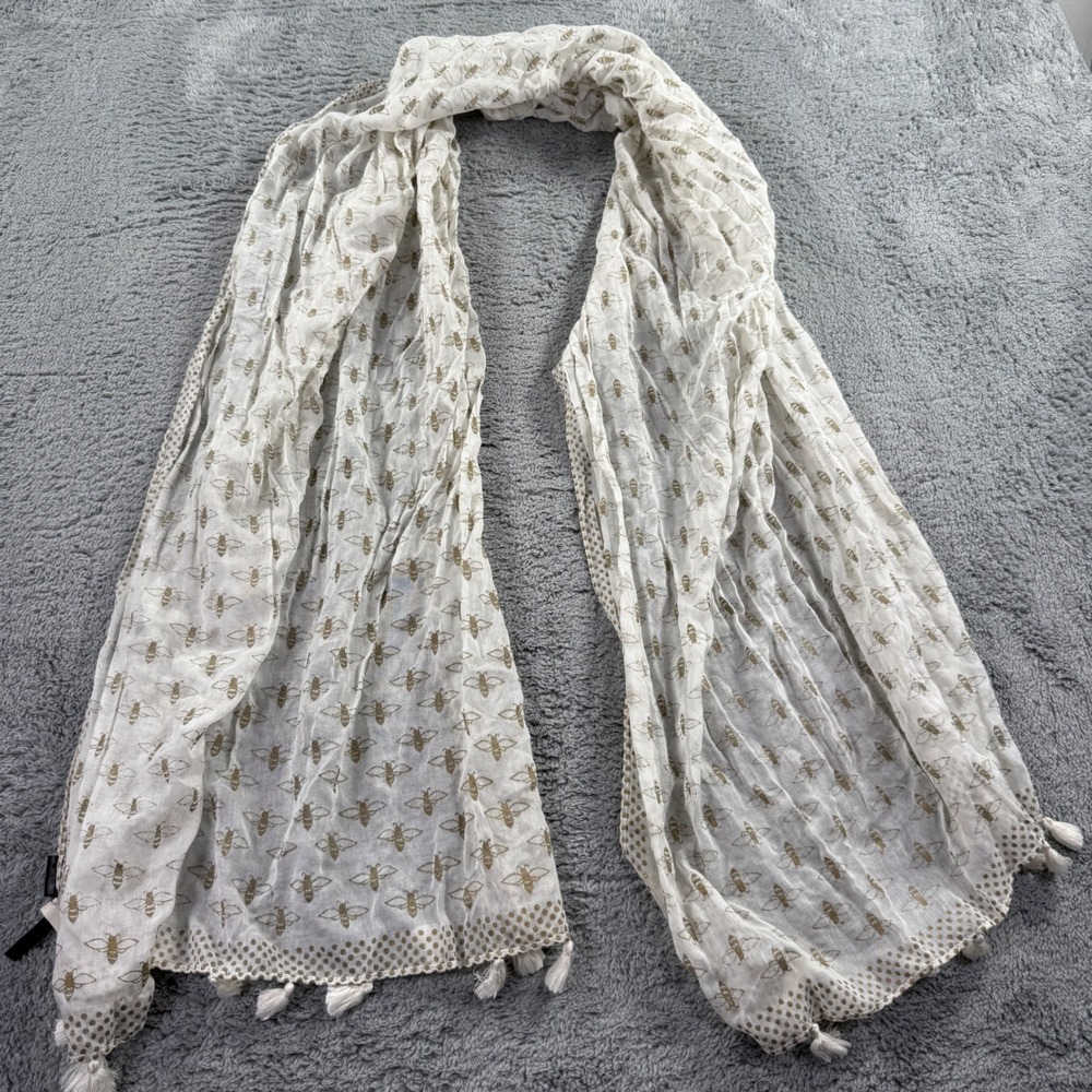 Ann Taylor Bee Print Scarf Women OS White Gold Tassel Rayon Gauze Cottagecore